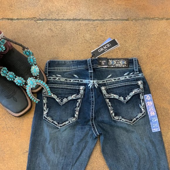 Womens Easy Fit Faux Flap Pocket Bling Bootcut Jeans - Picture 4 of 7